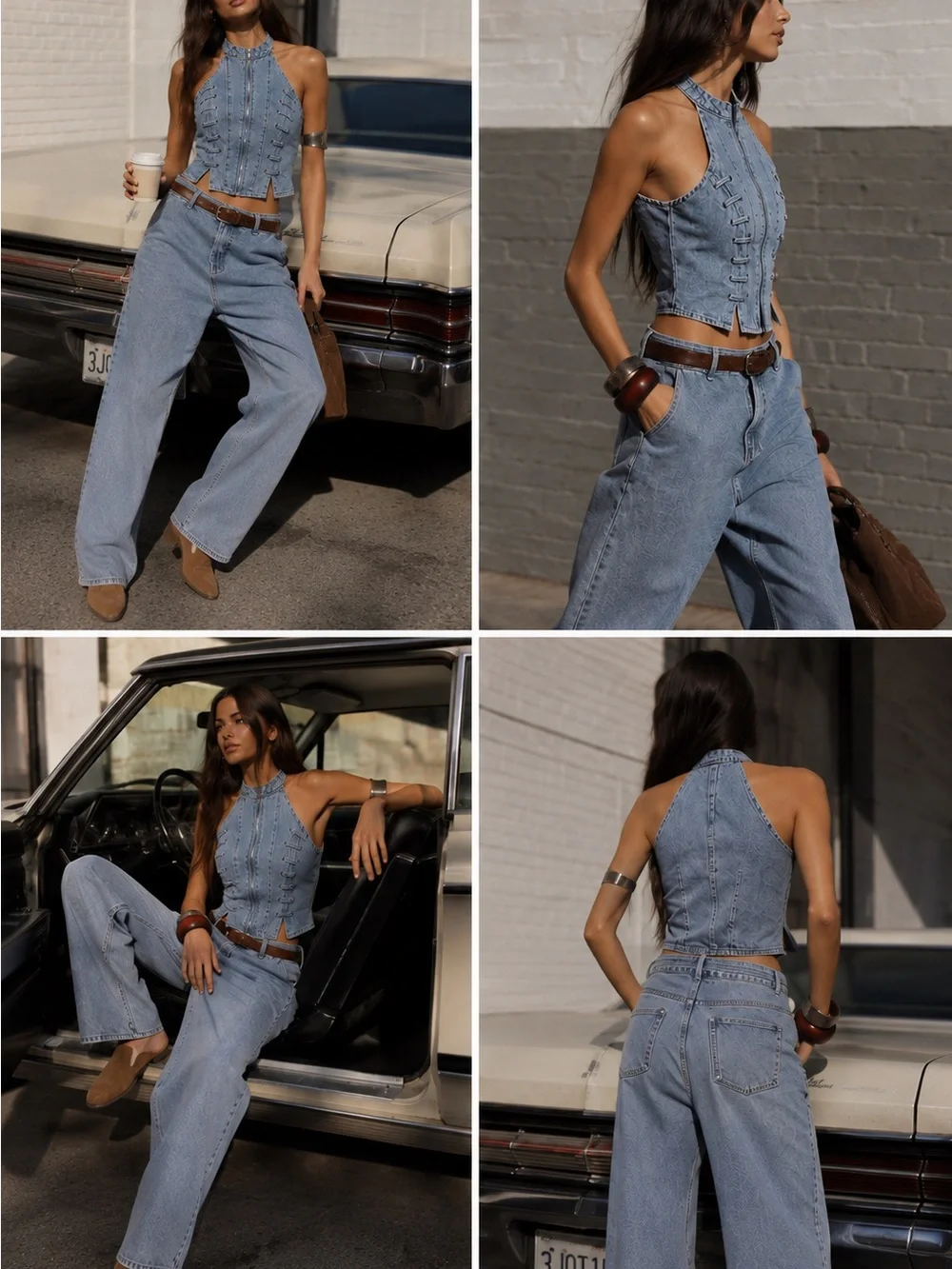 Denim Lace-Up Halter Crop Top - Light Blue - Picture 4 of 6
